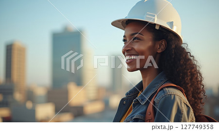 A happy young woman, an African American, smiles broadly in the camera, posing in the open air at the construction site or roof with city buildings in the background. 127749358