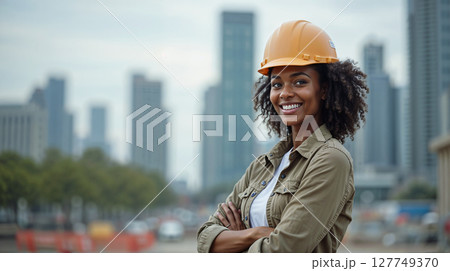A happy young woman, an African American, smiles broadly in the camera, posing in the open air at the construction site or roof with city buildings in the background. 127749370