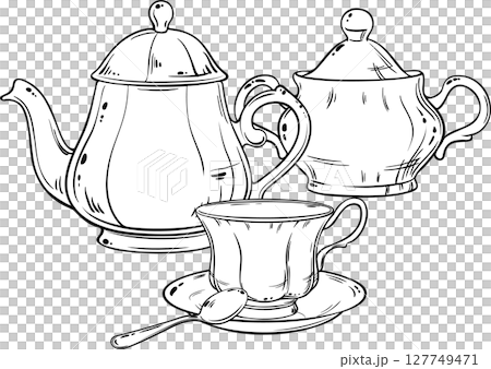 Sugar Bowl, Teapot and Cup of Tea Outline Illustration 127749471