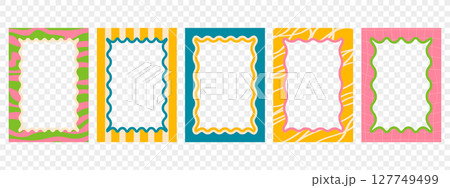Set of retro wavy frames. Trendy borders with groovy patterns. Modern graphic template. Set of retro wavy frames. Trendy borders with groovy patterns. Modern graphic template. 127749499