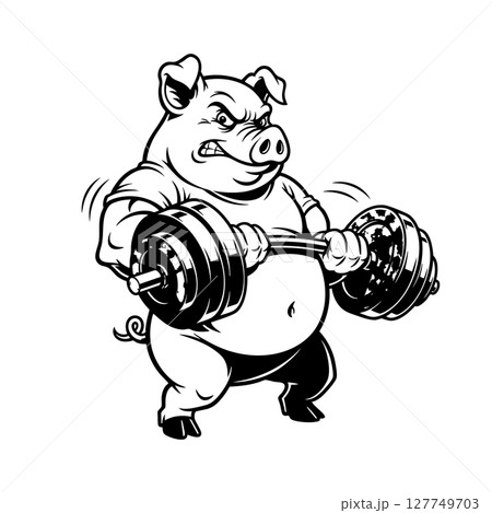 Vector of determined, muscular pig lifts a dumbbell, showcasing unexpected strength and humorous dedication. 127749703