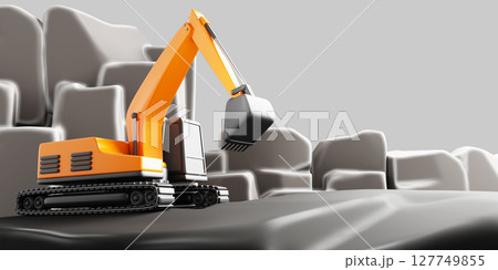 3d mining industry, excavator working in quarry, heavy industrial machinery. Render cartoon landscape of mineral extraction, sand, gravel, crushed stone, coal on career open pit mine. 3D illustration 127749855