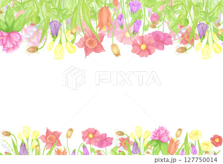 Hand drawn watercolor wildflowers and leaves frame border. Flower of the field isolated on white background. Can be used for business card, label, scrapbook and other printed products. 127750014