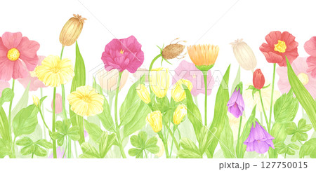 Hand drawn watercolor wildflowers and leaves seamless frame border. Flower of the field isolated on white background. Can be used for textile, fabric, scrapbook and other printed products. Hand drawn watercolor wildflowers and leaves seamless frame border. Flower of the field isolated on white background. Can be used for textile, fabric, scrapbook and other printed products. 127750015