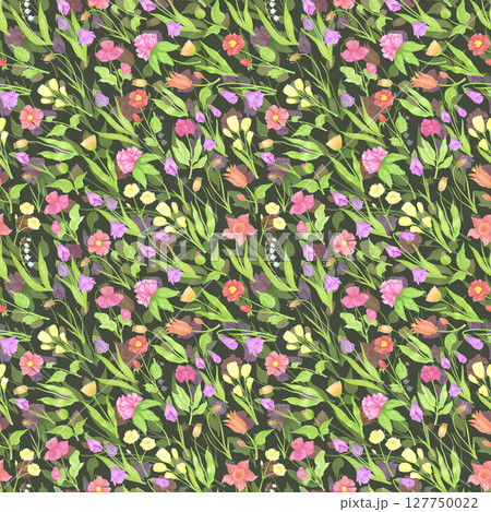Hand drawn watercolor wildflowers seamless pattern. Flower of the field isolated on dark background. Can be used for textile, fabric, scrapbook and other printed products. Hand drawn watercolor wildflowers seamless pattern. Flower of the field isolated on dark background. Can be used for textile, fabric, scrapbook and other printed products. 127750022