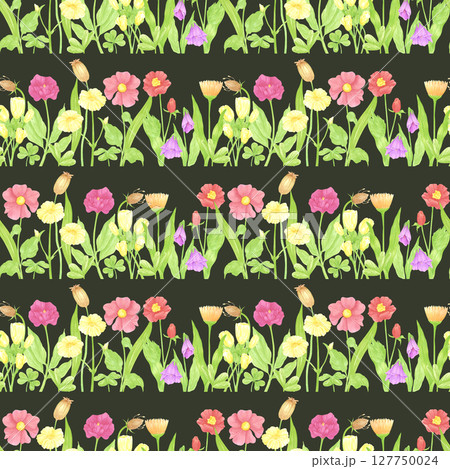 Hand drawn watercolor wildflowers flowerbed seamless pattern. Flower of the field isolated on dark background. Can be used for textile, fabric, scrapbook and other printed products. 127750024