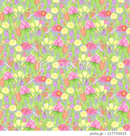 Hand drawn watercolor wildflowers field seamless pattern. Flower of the field isolated on grey background. Can be used for textile, fabric, scrapbook and other printed products. Hand drawn watercolor wildflowers field seamless pattern. Flower of the field isolated on grey background. Can be used for textile, fabric, scrapbook and other printed products. 127750025
