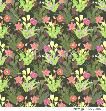 Hand drawn watercolor wildflowers bouquets seamless pattern. Flower of the field isolated on dark background. Can be used for textile, fabric, scrapbook and other printed products. Hand drawn watercolor wildflowers bouquets seamless pattern. Flower of the field isolated on dark background. Can be used for textile, fabric, scrapbook and other printed products. 127750026