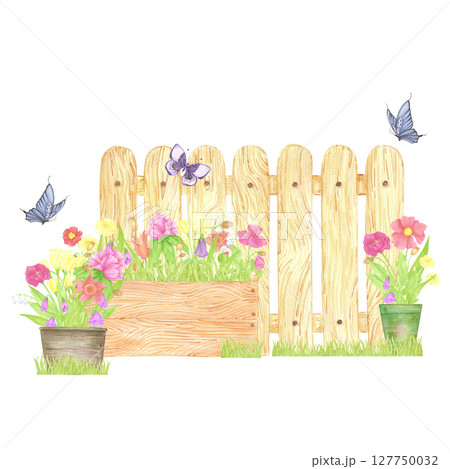 Hand drawn watercolor wildflowers in a pots with butterflies and wooden fence composition isolated on white background. Can be used for postcard, label, scrapbook and other printed products. Hand drawn watercolor wildflowers in a pots with butterflies and wooden fence composition isolated on white background. Can be used for postcard, label, scrapbook and other printed products. 127750032
