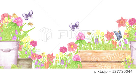 Hand drawn watercolor blooming flowers in pots and boxes. Palisade seamless border isolated on white background. Can be used for textile, postcard, scrapbook and other printed products. Hand drawn watercolor blooming flowers in pots and boxes. Palisade seamless border isolated on white background. Can be used for textile, postcard, scrapbook and other printed products. 127750044