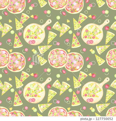 Hand drawn watercolor cheese and tomato pizza slices on the wooden cutting board seamless pattern isolated on grey background. Can be used for textile, fabric, scrapbook and other printed products. 127750052