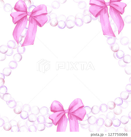 Hand drawn watercolor pearls stings with pink bows frame border isolated on white background. Can be used for cards, scrapbook album and other printed products. Hand drawn watercolor pearls stings with pink bows frame border isolated on white background. Can be used for cards, scrapbook album and other printed products. 127750066
