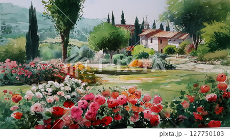 外国風の家と花の風景　水彩画（Generative AI） 127750103