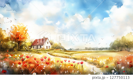 外国風の家と花の風景　水彩画（Generative AI） 127750113