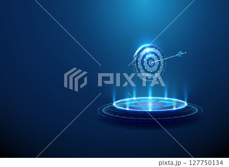 Target with arrow in the center on futuristic podium. Goal achievement, precision, success, strategic planning concept. 127750134