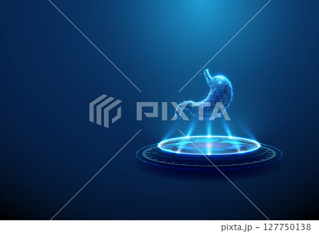 Stomach on futuristic podium. Digestive system, gastric diagnostics, biotech treatment, artificial organ technology concept. 127750138