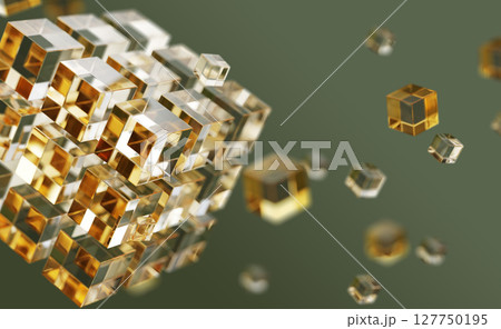 3d gold glass cube of connected crystal blocks with flying square boxes on abstract green background. Futuristic digital technology, nft, blockchain, data transfer speed, ai software. 3D illustration 127750195