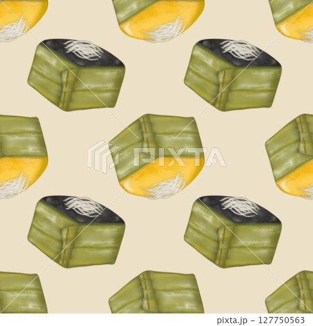 Seamless pattern of Thai Traditional Desserts Cute Collection hand drawn style illustrations on yellow background. 127750563