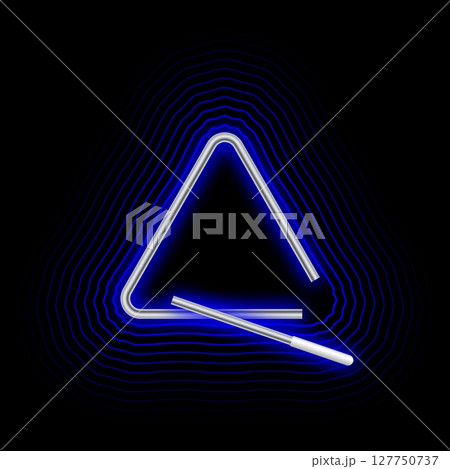 Triangular musical instrument glows in the dark with neon light and vibrating at different frequencies from the blow of a short metal stick. Realistic vector isolated on black background Triangular musical instrument glows in the dark with neon light and vibrating at different frequencies from the blow of a short metal stick. Realistic vector isolated on black background 127750737
