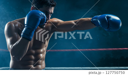 Intense close-up of a male boxer wearing blue gloves in the ring, captured mid-punch with dynamic energy and dramatic lighting. 127750750