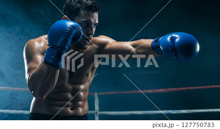 Intense close-up of a male boxer wearing blue gloves in the ring, captured mid-punch with dynamic energy and dramatic lighting. Intense close-up of a male boxer wearing blue gloves in the ring, captured mid-punch with dynamic energy and dramatic lighting. 127750783