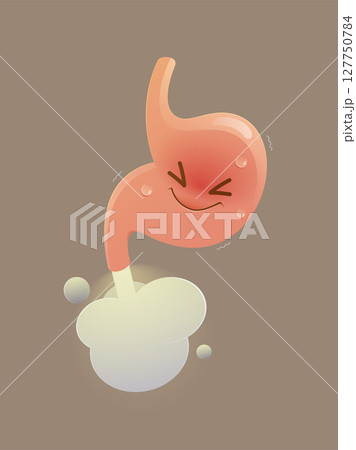 Funny cartoon stomach releasing gas with a puff of relief and humor. Funny cartoon stomach releasing gas with a puff of relief and humor. 127750784
