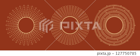 Linear gold bohemian sun, sunburst, sunbeam, firework, explosion vector shapes. Modern abstract ornamental thin line rays frames. 127750785
