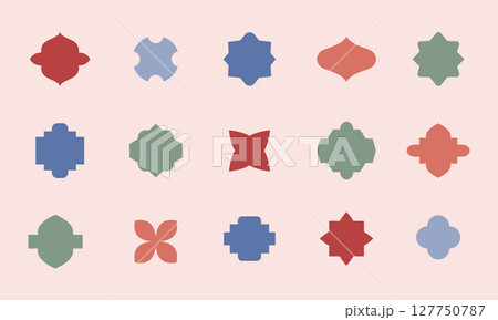 Mosaic oriental style simple geometric ceramic tile shapes. Cute eastern lantern, window silhouette logo templates. Vector floral patterns. 127750787