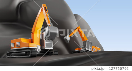 Quarry mining with heavy industrial machinery 3d render. Excavators working on open pit coal mine on blue sky background. Cartoon landscape of metal ore production, stone quarrying. 3D illustration Quarry mining with heavy industrial machinery 3d render. Excavators working on open pit coal mine on blue sky background. Cartoon landscape of metal ore production, stone quarrying. 3D illustration 127750792
