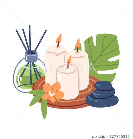 Composition of candles, fragrant diffuser, hot stones and tropical leaves. Hand drawn vector illustration for wellness branding, aromatherapy packaging and spa menu design. 127750825