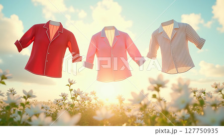 Three colorful t-shirts - red, pink and striped - float in the air above a blooming field on a sunny day. 127750935