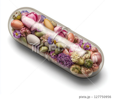 Transparent capsule filled with fruits, nuts, lentils, beans, flowers, herbs on white background, top view, 3d rendering style, realistic texture, high resolution 127750956