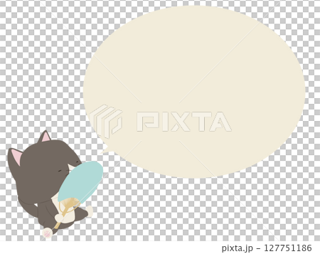 うちわで扇ぐハチワレ猫。吹き出し付き 127751186