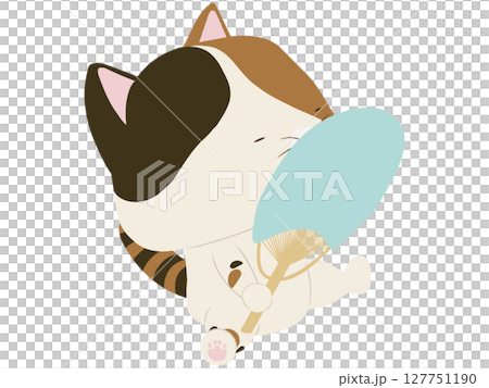 Calico cat fanning himself with a fan 127751190
