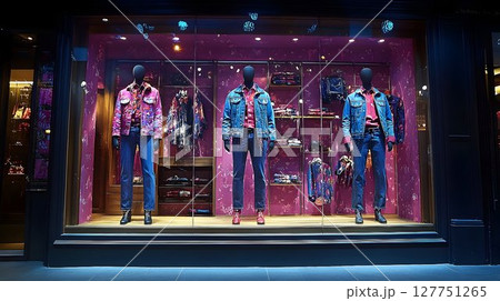 Elegant Mannequins Displayed in a Fashionable Storefront Window Arrangement 127751265