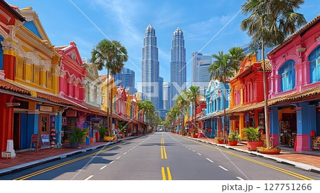 Vibrant streetscape in Kuala Lumpur, Malaysia with Petronas Towers backdrop 127751266