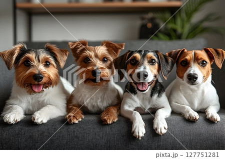 Four adorable dogs resting on a couch, looking cute and photogenic 127751281
