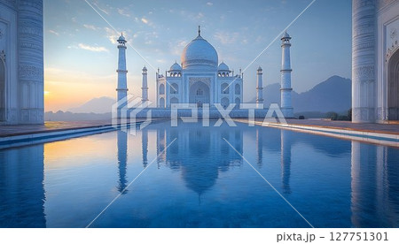 Tranquil Reflections: Taj Mahal at Dawn in India with serene pool 127751301