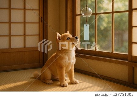 風鈴を見て、和室でくつろぐ柴犬 127751303