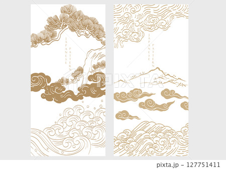 Japanese background with mountain, chinese cloud and bonsai tree pattern vector. Abstract template with geometric wave pattern. Cultue layout design in oriental style 127751411