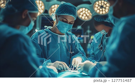 Intense Surgical Team Focused on Patient in Operating Room Procedure 127751487