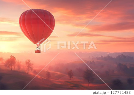 Red hot air balloon soars at dawn amidst pastel skies and misty landscapes 127751488