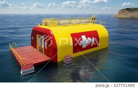 Modern offshore structure floating in calm sea under blue sky and clouds 127751489