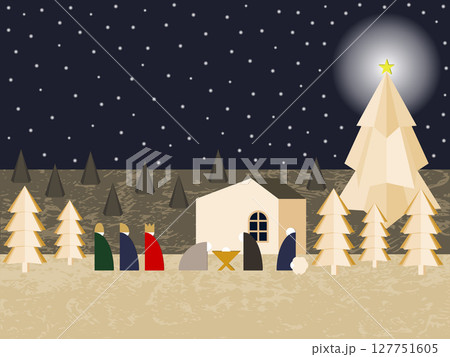 Vector Illustration Depicting Traditional Christmas Nativity Scene at Night. Image Features Holy Family Alongside Three Wise Men and Vector Illustration Depicting Traditional Christmas Nativity Scene at Night. Image Features Holy Family Alongside Three Wise Men and 127751605