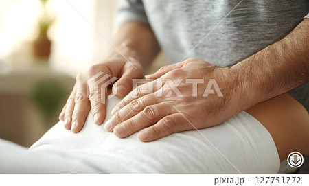 Therapeutic hands during osteopathy treatment focusing on the lower back pain 127751772