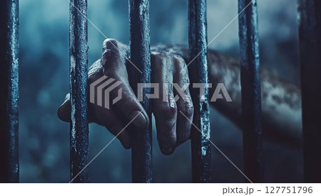 Captive Hand Gripping Cold Metal Bars Behind Shadowy Mist Backdrop 127751796