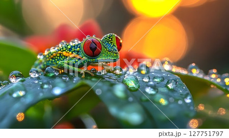 Exotic amphibian adorned with dew droplets in a lush natural setting Exotic amphibian adorned with dew droplets in a lush natural setting 127751797