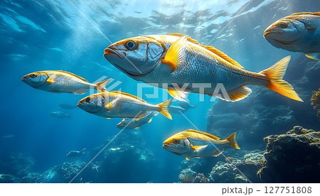 Underwater realm showcasing a school of golden fish swimming near coral reefs 127751808