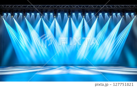 Dynamic Blue Stage Illumination with Focused Beams and Reflective Surface Dynamic Blue Stage Illumination with Focused Beams and Reflective Surface 127751821