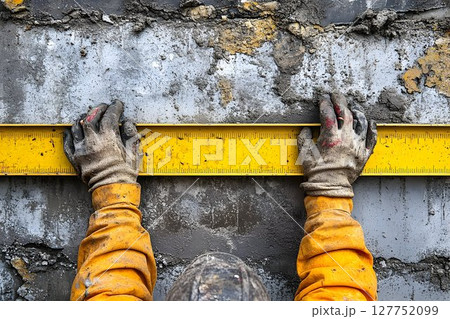 Construction worker carefully measures a freshly plastered wall with a level 127752099